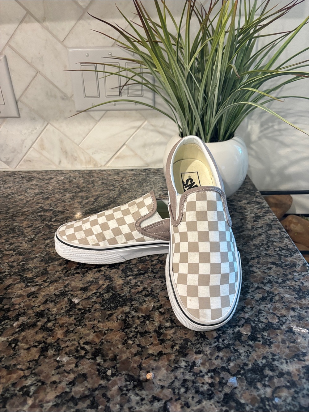 Vans Women Slip-On Checkerboard Sneakers - Beige and White never worn new